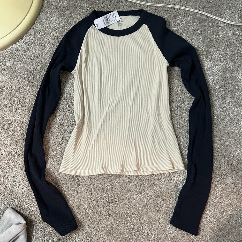 Navy and Cream Long Sleeve Women's Top